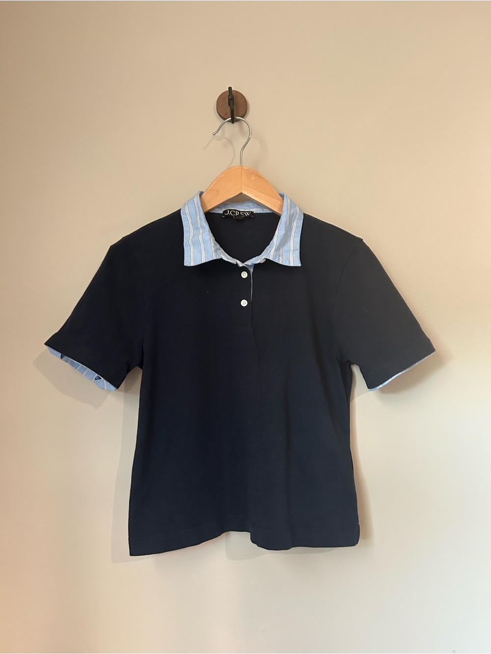 J. Crew Navy Polo Top with Light Blue Stripe Collar